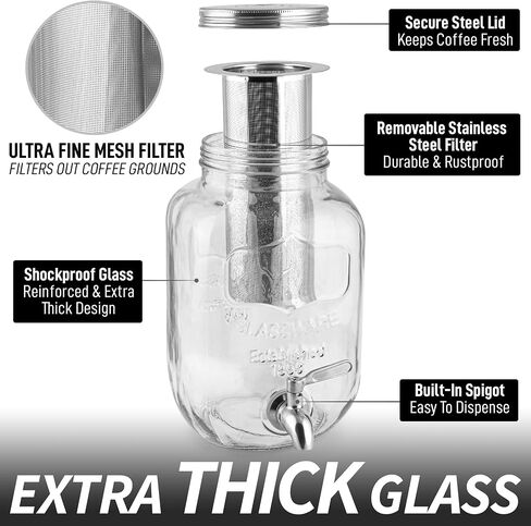 Zulay 1 Gallon/128oz Cold Brew Maker – Thick Glass Cold Brew Pitcher with Stainless Steel Filter, Lid & Spout – Large Cold Brew Coffee Maker - Iced Coffee & Sun Tea Pitcher for Fridge – Silver in Kuwait
