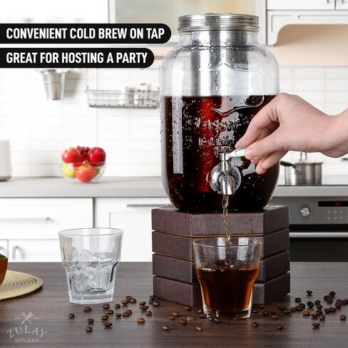 Zulay 1 Gallon/128oz Cold Brew Maker – Thick Glass Cold Brew Pitcher with Stainless Steel Filter, Lid & Spout – Large Cold Brew Coffee Maker - Iced Coffee & Sun Tea Pitcher for Fridge – Silver in Kuwait