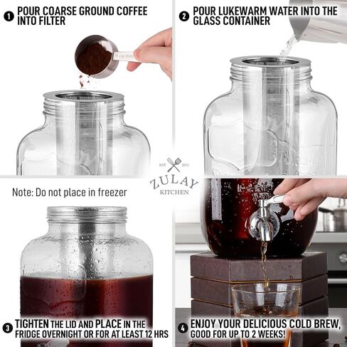 Zulay 1 Gallon/128oz Cold Brew Maker – Thick Glass Cold Brew Pitcher with Stainless Steel Filter, Lid & Spout – Large Cold Brew Coffee Maker - Iced Coffee & Sun Tea Pitcher for Fridge – Silver in Kuwait