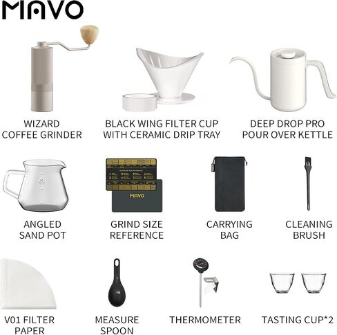 MAVO Pour Over Coffee Maker Set Includes Manual Coffee Grinder,Pour Over Kettle,Ceramic Dripper, Coffee Server Pot,2 tasting cup,Filter Paper,ALL in 1 Black Gift Box for Home Outdoors Office Camping in Saudi Arabia