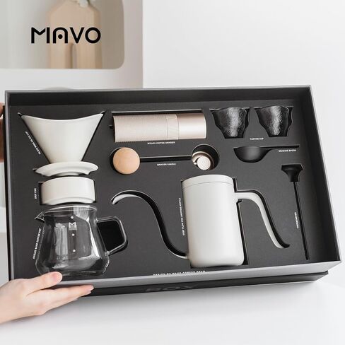 MAVO Pour Over Coffee Maker Set Includes Manual Coffee Grinder,Pour Over Kettle,Ceramic Dripper, Coffee Server Pot,2 tasting cup,Filter Paper,ALL in 1 Black Gift Box for Home Outdoors Office Camping in Saudi Arabia