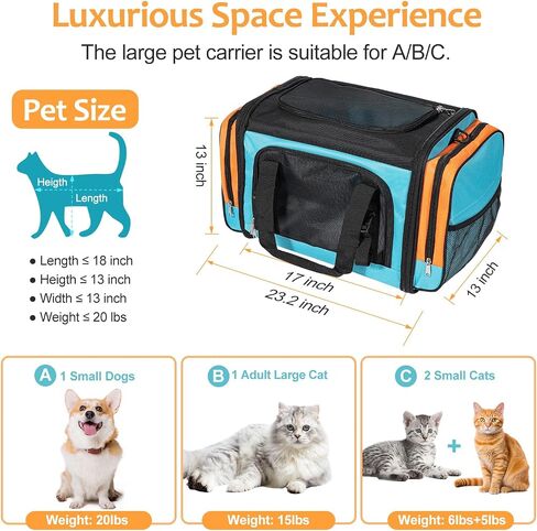 Extra Large Cat Carrier for 2 Cats, Pet Carrier, Dog Carrier for Small Dogs, Cat Carrier Soft, Collapsible Large Pet Carrier for Traveling Indoor and Outdoor Uses - Blue 24"x16"x16" in Saudi Arabia