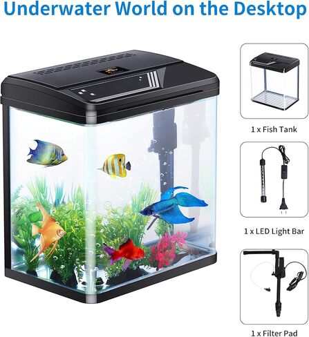 2 Gallon Aquarium Starter Kit Small Glass Betta Fish Tank Desktop Mini Fish Bowl for Shrimp Goldfish with Filter Pump LED Light in Saudi Arabia