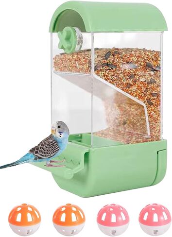 No Mess Bird Cage Feeder Automatic Parakeets Seed Food Container Acrylic Parrot Feeder Cage Accessories Transparent Small and Medium Lovebirds Canary Cockatiel Finch (Green) in Saudi Arabia