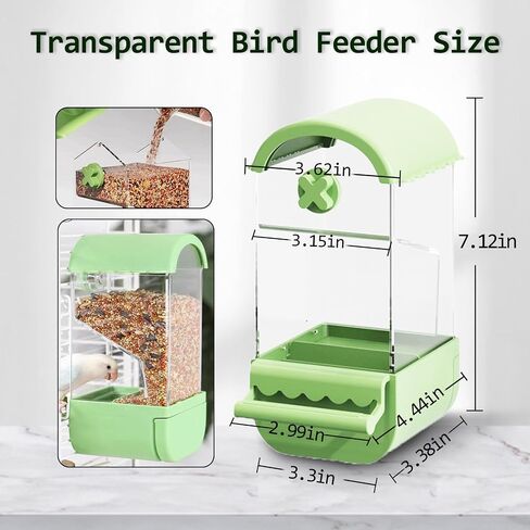 No Mess Bird Cage Feeder Automatic Parakeets Seed Food Container Acrylic Parrot Feeder Cage Accessories Transparent Small and Medium Lovebirds Canary Cockatiel Finch (Green) in Saudi Arabia