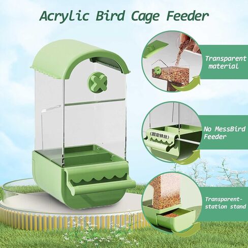 No Mess Bird Cage Feeder Automatic Parakeets Seed Food Container Acrylic Parrot Feeder Cage Accessories Transparent Small and Medium Lovebirds Canary Cockatiel Finch (Green) in Saudi Arabia