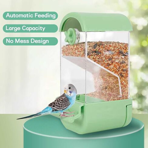 No Mess Bird Cage Feeder Automatic Parakeets Seed Food Container Acrylic Parrot Feeder Cage Accessories Transparent Small and Medium Lovebirds Canary Cockatiel Finch (Green) in Saudi Arabia