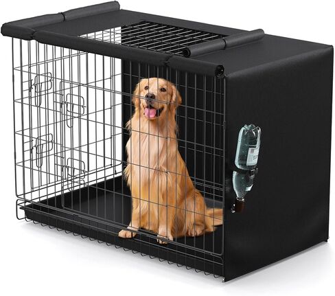 Dog Crate Cover - Privacy Kennel Cover Fits 36 inch Double Door Wire Crate, Heavy Duty 600D Oxford Fabric Dog Cage Cover with Top Window and Drinking Hole Design, Black, (Cover Only) in Saudi Arabia