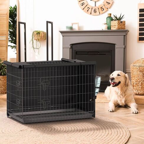 Dog Crate Cover - Privacy Kennel Cover Fits 36 inch Double Door Wire Crate, Heavy Duty 600D Oxford Fabric Dog Cage Cover with Top Window and Drinking Hole Design, Black, (Cover Only) in Saudi Arabia
