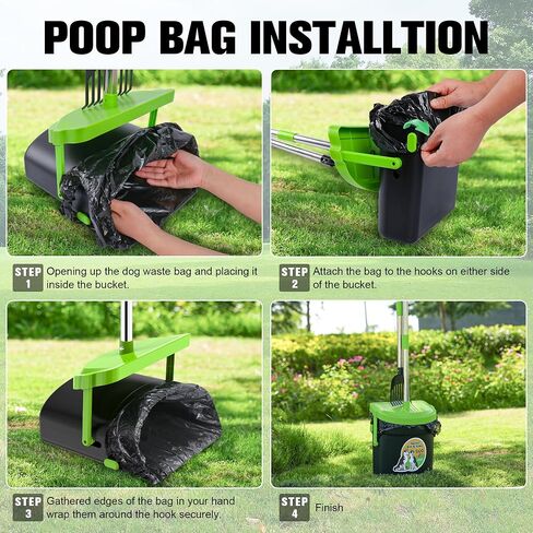 UPSKY Pooper Scooper Swivel Bin & Rake with 100 Waste Bags, Dog Pooper Scooper Bags Attachment for Large Medium Small Dogs, Long Handle Metal Dog Poop Scooper with Lid Hook for Yard Dog Kennel Green in Saudi Arabia
