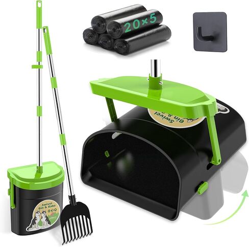 UPSKY Pooper Scooper Swivel Bin & Rake with 100 Waste Bags, Dog Pooper Scooper Bags Attachment for Large Medium Small Dogs, Long Handle Metal Dog Poop Scooper with Lid Hook for Yard Dog Kennel Green in Saudi Arabia