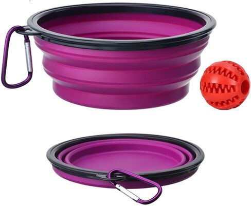Collapsible dog bowls, 350 ml | Purple Travel Bowls | 2 Pack Portable Water Fountain for Dogs, Cats and Pets with 2 Carabiners | and toy ball for dogs and cats | BPA free in Saudi Arabia