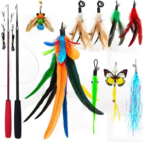 Cat Toy 2PCS Ultra-Long Cat Teaser(50"+38")+9PCS Da Bird Feather Refills,Cat Fishing Pole Toy,Interactive Cat Toys -Retractable Cat Wand Toy and Feather Toys Refills for Indoor Cats in Saudi Arabia