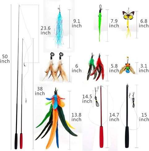 Cat Toy 2PCS Ultra-Long Cat Teaser(50"+38")+9PCS Da Bird Feather Refills,Cat Fishing Pole Toy,Interactive Cat Toys -Retractable Cat Wand Toy and Feather Toys Refills for Indoor Cats in Saudi Arabia