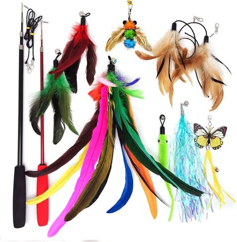 Cat Toy 2PCS Ultra-Long Cat Teaser(50"+38")+9PCS Da Bird Feather Refills,Cat Fishing Pole Toy,Interactive Cat Toys -Retractable Cat Wand Toy and Feather Toys Refills for Indoor Cats in Saudi Arabia