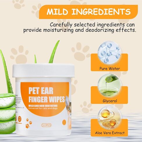 Dog Ear Wipes Finger,Ear Cleaner Wipes for Cats and Dogs,Debris - Soothes & Relieves Ear Itching,All Natural Ingredients - 50 Count. in Saudi Arabia