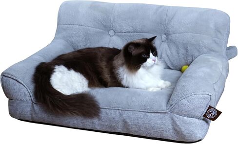 Pet Couch Bed, Washable Cat Beds for Medium Small Dogs & Cats up to 25 lbs, Soft Calming Cat Sofa Beds for Indoor Cats Anti-Slip Bottom，Fluffy Cat Couch (White) in Saudi Arabia