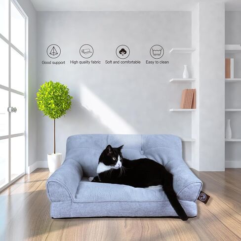 Pet Couch Bed, Washable Cat Beds for Medium Small Dogs & Cats up to 25 lbs, Soft Calming Cat Sofa Beds for Indoor Cats Anti-Slip Bottom，Fluffy Cat Couch (White) in Saudi Arabia