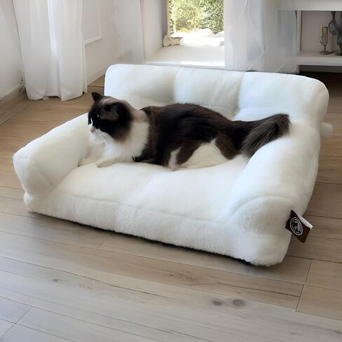 Pet Couch Bed, Washable Cat Beds for Medium Small Dogs & Cats up to 25 lbs, Soft Calming Cat Sofa Beds for Indoor Cats Anti-Slip Bottom，Fluffy Cat Couch (White) in Saudi Arabia
