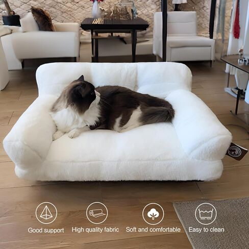 Pet Couch Bed, Washable Cat Beds for Medium Small Dogs & Cats up to 25 lbs, Soft Calming Cat Sofa Beds for Indoor Cats Anti-Slip Bottom，Fluffy Cat Couch (White) in Saudi Arabia