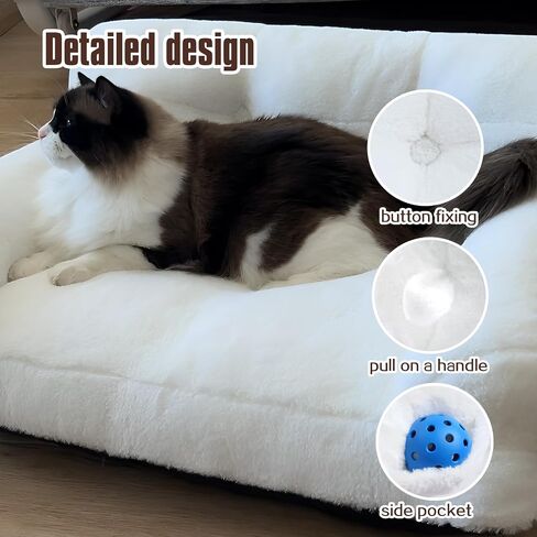 Pet Couch Bed, Washable Cat Beds for Medium Small Dogs & Cats up to 25 lbs, Soft Calming Cat Sofa Beds for Indoor Cats Anti-Slip Bottom，Fluffy Cat Couch (White) in Saudi Arabia