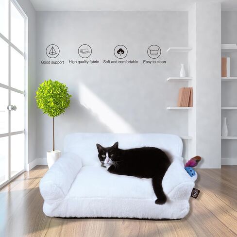 Pet Couch Bed, Washable Cat Beds for Medium Small Dogs & Cats up to 25 lbs, Soft Calming Cat Sofa Beds for Indoor Cats Anti-Slip Bottom，Fluffy Cat Couch (White) in Saudi Arabia
