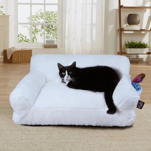 Pet Couch Bed, Washable Cat Beds for Medium Small Dogs & Cats up to 25 lbs, Soft Calming Cat Sofa Beds for Indoor Cats Anti-Slip Bottom，Fluffy Cat Couch (White) in Saudi Arabia
