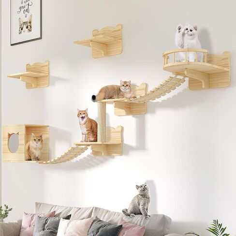 DWVO Cat Wall Shelves and Perches for Wall, Wooden Wall Mounted Cat Furniture, Set of 9 Cat Climbing Shelves with 1 Cat Wall House, 4 Wall Steps, 2 Bridge Ladder, 1 Cat Scratching Post and 1 Cat Bed in Saudi Arabia