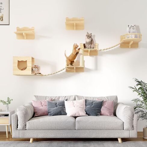 DWVO Cat Wall Shelves and Perches for Wall, Wooden Wall Mounted Cat Furniture, Set of 9 Cat Climbing Shelves with 1 Cat Wall House, 4 Wall Steps, 2 Bridge Ladder, 1 Cat Scratching Post and 1 Cat Bed in Saudi Arabia