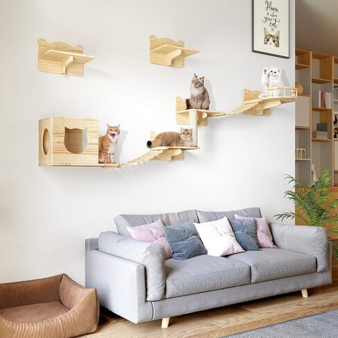 DWVO Cat Wall Shelves and Perches for Wall, Wooden Wall Mounted Cat Furniture, Set of 9 Cat Climbing Shelves with 1 Cat Wall House, 4 Wall Steps, 2 Bridge Ladder, 1 Cat Scratching Post and 1 Cat Bed in Saudi Arabia