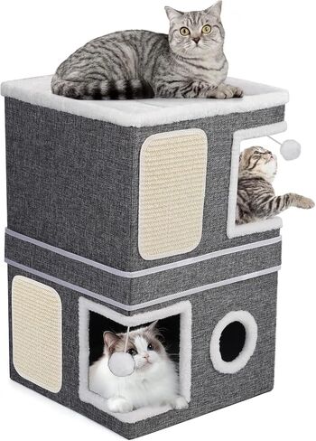 2-Storey Cat House for Indoor Cats, Separate Into 2 Large Cat Bed Cave with Hideaway Condos, Scratch Pads, Hanging Balls, Foldable Indoor Cat House Hold Up to 30LBS, Cat Cube for Multiple Cats Kitten in Saudi Arabia