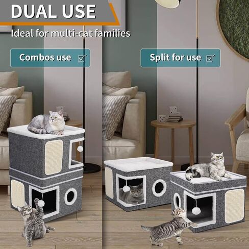 2-Storey Cat House for Indoor Cats, Separate Into 2 Large Cat Bed Cave with Hideaway Condos, Scratch Pads, Hanging Balls, Foldable Indoor Cat House Hold Up to 30LBS, Cat Cube for Multiple Cats Kitten in Saudi Arabia