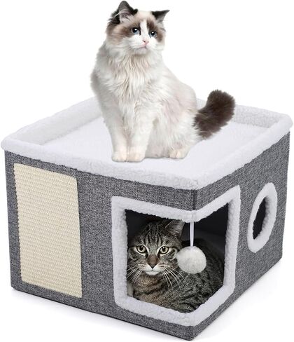 2-Storey Cat House for Indoor Cats, Separate Into 2 Large Cat Bed Cave with Hideaway Condos, Scratch Pads, Hanging Balls, Foldable Indoor Cat House Hold Up to 30LBS, Cat Cube for Multiple Cats Kitten in Saudi Arabia