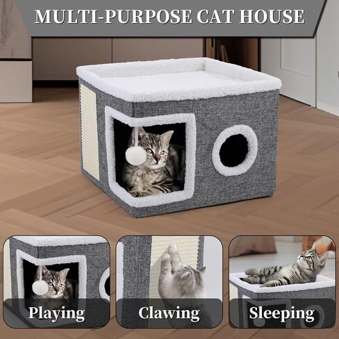 2-Storey Cat House for Indoor Cats, Separate Into 2 Large Cat Bed Cave with Hideaway Condos, Scratch Pads, Hanging Balls, Foldable Indoor Cat House Hold Up to 30LBS, Cat Cube for Multiple Cats Kitten in Saudi Arabia
