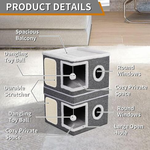 2-Storey Cat House for Indoor Cats, Separate Into 2 Large Cat Bed Cave with Hideaway Condos, Scratch Pads, Hanging Balls, Foldable Indoor Cat House Hold Up to 30LBS, Cat Cube for Multiple Cats Kitten in Saudi Arabia