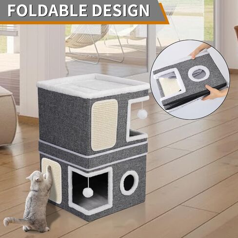 2-Storey Cat House for Indoor Cats, Separate Into 2 Large Cat Bed Cave with Hideaway Condos, Scratch Pads, Hanging Balls, Foldable Indoor Cat House Hold Up to 30LBS, Cat Cube for Multiple Cats Kitten in Saudi Arabia
