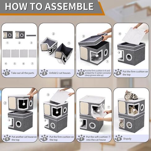 2-Storey Cat House for Indoor Cats, Separate Into 2 Large Cat Bed Cave with Hideaway Condos, Scratch Pads, Hanging Balls, Foldable Indoor Cat House Hold Up to 30LBS, Cat Cube for Multiple Cats Kitten in Saudi Arabia