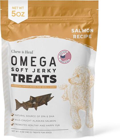 Chew + Heal Labs Omega Salmon Jerky Dog Treats - 5 oz of Soft Salmon Jerky for Skin and Coat - Made with Wild Alaskan Salmon, Flaxseed, Oat Flour, and More - Made in The USA in Saudi Arabia