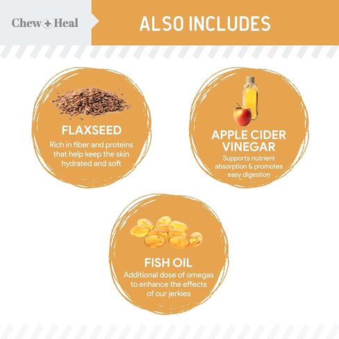 Chew + Heal Labs Omega Salmon Jerky Dog Treats - 5 oz of Soft Salmon Jerky for Skin and Coat - Made with Wild Alaskan Salmon, Flaxseed, Oat Flour, and More - Made in The USA in Saudi Arabia