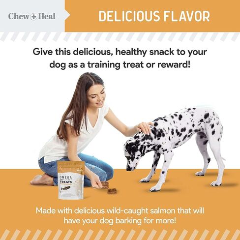 Chew + Heal Labs Omega Salmon Jerky Dog Treats - 5 oz of Soft Salmon Jerky for Skin and Coat - Made with Wild Alaskan Salmon, Flaxseed, Oat Flour, and More - Made in The USA in Saudi Arabia