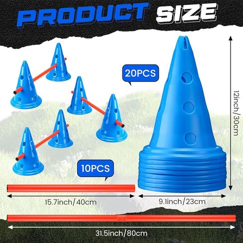 10 مجموعات من حواجز خفة الحركة للكلاب، مجموعة مخروطية مكونة من 20 قطعة من مخاريط التمرين مع 10 قطع من قضبان خفة الحركة وتدريبات خفة الحركة القابلة للتعديل ومعدات تدريب خفة الحركة المحمولة ومخاريط أقطاب خفة الحركة للكلاب (أزرق) in Kuwait
