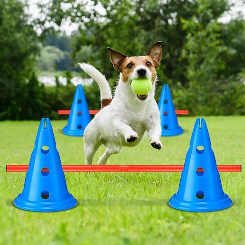 10 مجموعات من حواجز خفة الحركة للكلاب، مجموعة مخروطية مكونة من 20 قطعة من مخاريط التمرين مع 10 قطع من قضبان خفة الحركة وتدريبات خفة الحركة القابلة للتعديل ومعدات تدريب خفة الحركة المحمولة ومخاريط أقطاب خفة الحركة للكلاب (أزرق) in Kuwait