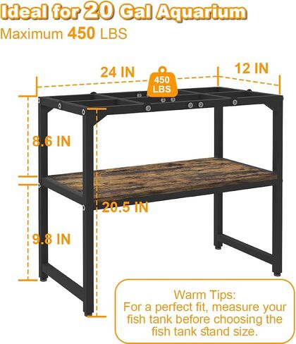 20 Gallon Fish Tank Stand with Shelf for Accessories Storage, 2 Tiers Heavy Duty Metal Aquarium Stand, Breeder Tank Turtle Reptile Terrariums Stand Rack for Home Office, 24" L x 12" W, Black in Saudi Arabia