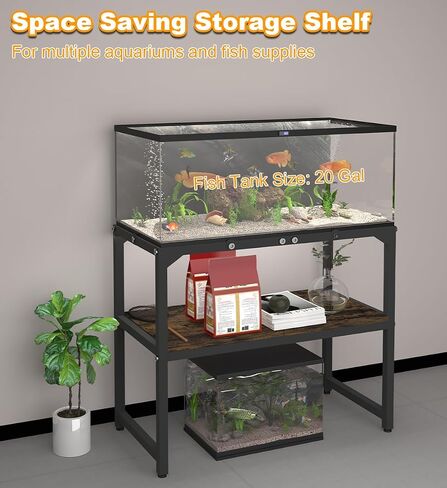 20 Gallon Fish Tank Stand with Shelf for Accessories Storage, 2 Tiers Heavy Duty Metal Aquarium Stand, Breeder Tank Turtle Reptile Terrariums Stand Rack for Home Office, 24" L x 12" W, Black in Saudi Arabia