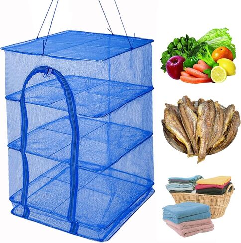 Drying Rack 4 Layers Folding Fish Mesh, Foldable Nylon Netting, Hanging Drying Fish Net, for Shrimp Fish Fruit Vegetables Herb, with Zipper Opening-Blue (25.59X13.78X13.78 in)… in Kuwait
