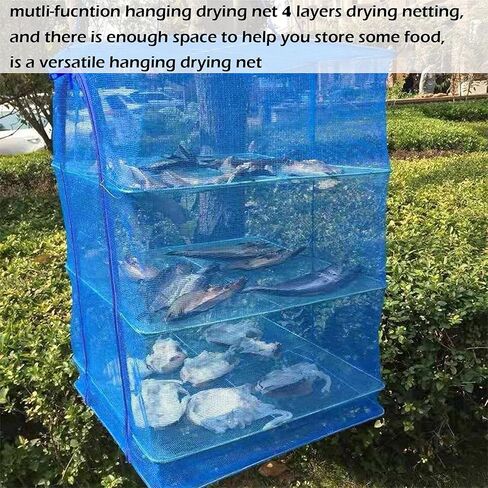 Drying Rack 4 Layers Folding Fish Mesh, Foldable Nylon Netting, Hanging Drying Fish Net, for Shrimp Fish Fruit Vegetables Herb, with Zipper Opening-Blue (25.59X13.78X13.78 in)… in Kuwait