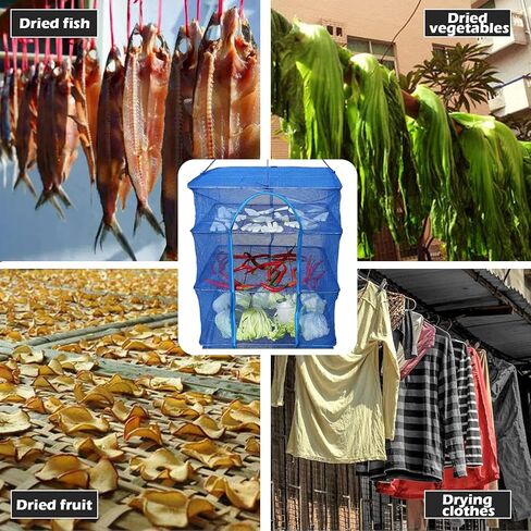 Drying Rack 4 Layers Folding Fish Mesh, Foldable Nylon Netting, Hanging Drying Fish Net, for Shrimp Fish Fruit Vegetables Herb, with Zipper Opening-Blue (25.59X13.78X13.78 in)… in Kuwait