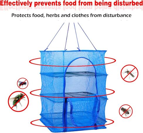 Drying Rack 4 Layers Folding Fish Mesh, Foldable Nylon Netting, Hanging Drying Fish Net, for Shrimp Fish Fruit Vegetables Herb, with Zipper Opening-Blue (25.59X13.78X13.78 in)… in Kuwait