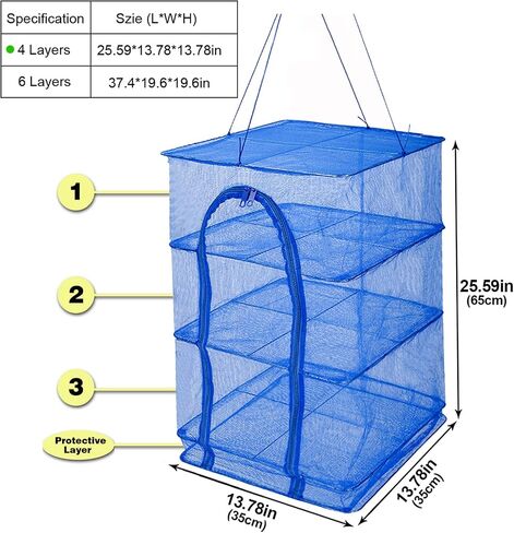 Drying Rack 4 Layers Folding Fish Mesh, Foldable Nylon Netting, Hanging Drying Fish Net, for Shrimp Fish Fruit Vegetables Herb, with Zipper Opening-Blue (25.59X13.78X13.78 in)… in Kuwait