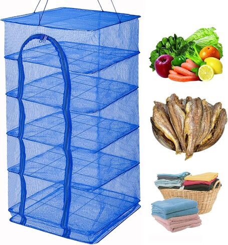 Drying Rack 4 Layers Folding Fish Mesh, Foldable Nylon Netting, Hanging Drying Fish Net, for Shrimp Fish Fruit Vegetables Herb, with Zipper Opening-Blue (25.59X13.78X13.78 in)… in Kuwait
